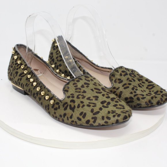 Zara Women Sz 10.5M Pony Hair Leather Green Leopard Print Studded Ballet Flats - Picture 2 of 9